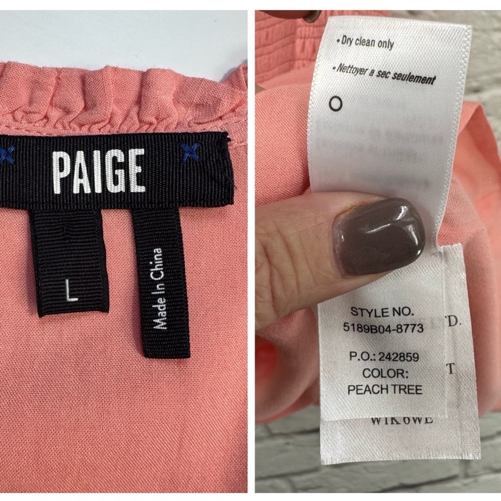 PAIGE Christina Smocked Tiered Ruffle Mini Dress Peach Tree Size L - Picture 3 of 16